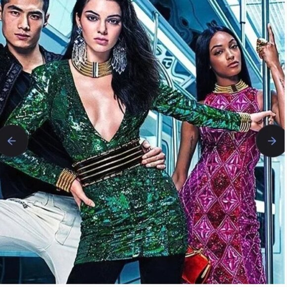 Balmain × H&M 2015 Runway Emerald Green Sequin Zipper Plunge Dress Size 2 NWT - Picture 4 of 14